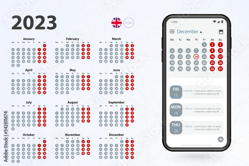Calendar app for Cell phone, vector calendar 2023 week stars from Monday.