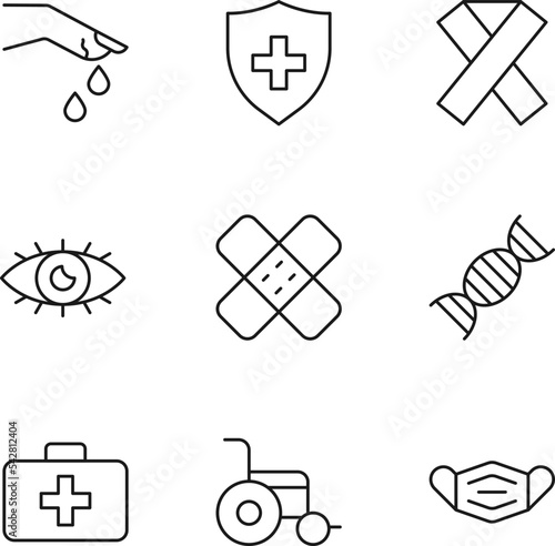 Set of modern outline symbols for internet stores, shops, banners, adverts. Vector isolated line icons of wound, injury, pink ribbon, eye, medical tape, dna, suitcase, wheelchair