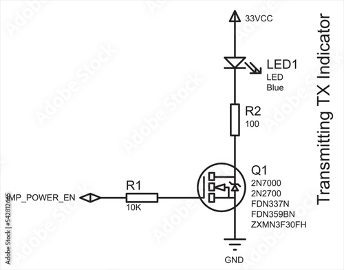 Schematic diagram of electronic device (transmitting tx indicator).
Vector drawing electrical circuit with
transistor, resistor, connecting contacts, led indicator,
ground and power symbols. photo