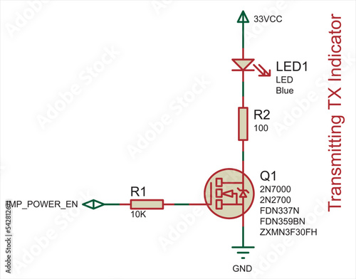 Schematic diagram of electronic device (transmitting tx indicator).
Vector drawing electrical circuit with
transistor, resistor, connecting contacts, led indicator,
ground and power symbols.