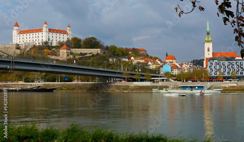 View on Bratislava castle and Saint Martins cathedral over the river Danube, historical center