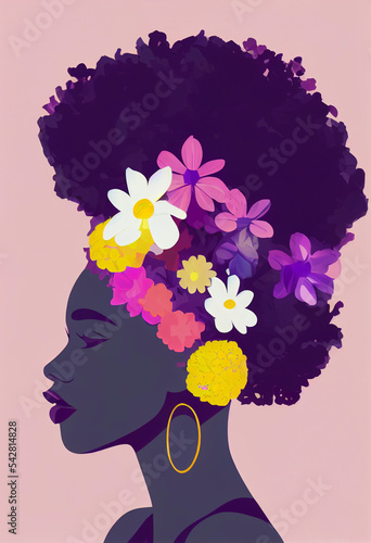 Abstract floral women portraits. International Women's Day. Minimalistic style with beautiful, confident black woman and bouquets. Perfect for interior design, page decoration, web and other. © Juan