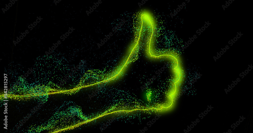 Vfx animated green hand silhouette, bright particles and neon lines, thumbs up. Concept of consent, doing great, everything is fine, super Vfx animated green hand silhouette, bright particles and neon lines, thumbs up. Concept of consent, doing great, everything is fine, super