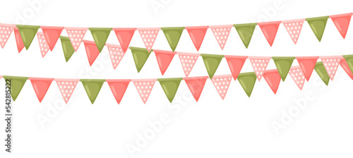 Celebration flag garland bunting. Pink and green pennants chain. Party flags decoration for wedding, birthday, baby shower, bridal shower. Footer or banner background