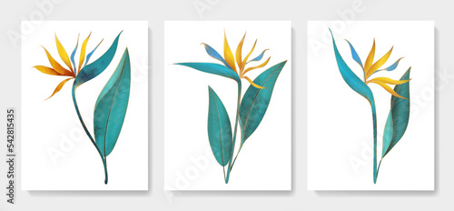 Art background with bird of paradise flowers and leaves with golden elements in art line style. Botanical vector set with watercolor texture for decoration, print, textile, wallpaper, interior design.