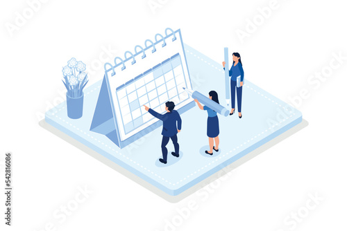 Time management and schedule planning scenes. Characters managing work and life time, organizing daily tasks and putting mark on calendar, isometric vector modern illustration