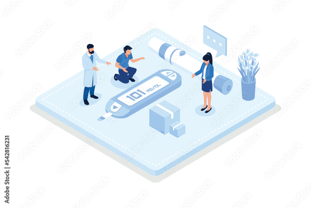 Doctor and patient check blood sugar level with glucometer and diabetic insulin pump. Character with diabetes receiving treatment against disease, isometric vector modern illustration Doctor and patient check blood sugar level with glucometer and diabetic insulin pump. Character with diabetes receiving treatment against disease, isometric vector modern illustration