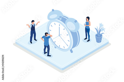 Time management and schedule planning scenes. Characters managing work and life time, organizing daily tasks and putting mark on calendar, isometric vector modern illustration