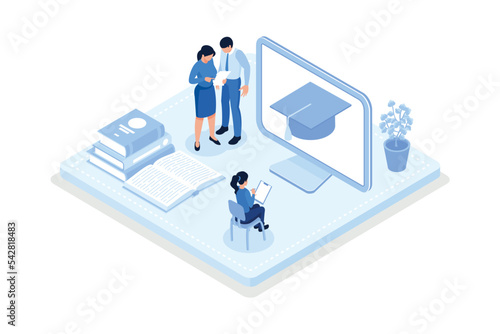 Characters educating online with laptop, smartphone and improving their skills. Self learning, online education and personal growth concept, isometric vector modern illustration
