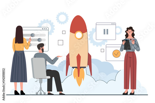 Business project concept. Man and women launch rocket. Metaphor for start up and work on common project. Economics and financial literacy. Teamwork and partnership. Cartoon flat vector illustration