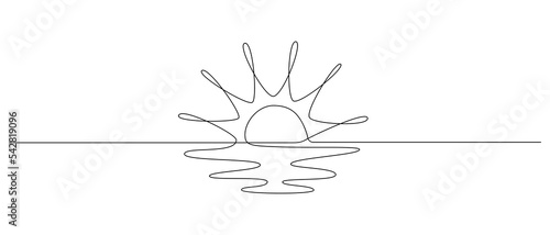 One continuous line drawing of sunny ocean view. Hot temperature and summer sea travel symbol in simple linear style. Solar green energy concept in editable stroke. Doodle vector illustration