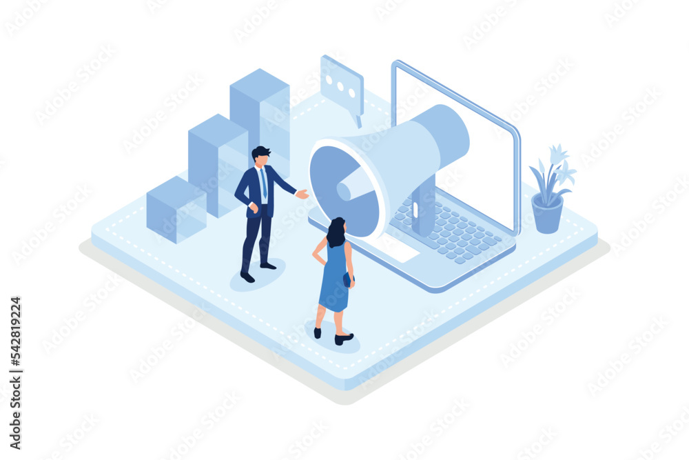 Characters integrating with audience on social media platform, offering discount and using marketing strategy to increase followers, isometric vector modern illustration