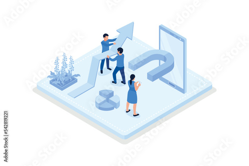 Characters integrating with audience on social media platform, offering discount and using marketing strategy to increase followers, isometric vector modern illustration