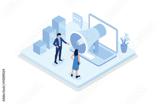 Characters integrating with audience on social media platform, offering discount and using marketing strategy to increase followers, isometric vector modern illustration