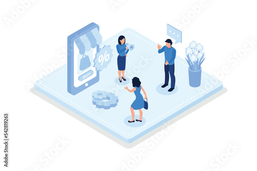 Characters integrating with audience on social media platform, offering discount and using marketing strategy to increase followers, isometric vector modern illustration