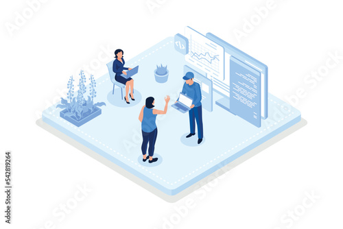 Technical support teams working together to build an engineering system. Software development and it operations concept, isometric vector modern illustration