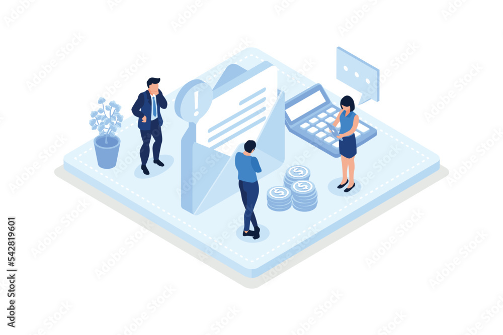 Characters having financial problems, debts and loans. People holding long bill, reading letter from collection agency and carrying debt, isometric vector modern illustration Characters having financial problems, debts and loans. People holding long bill, reading letter from collection agency and carrying debt, isometric vector modern illustration