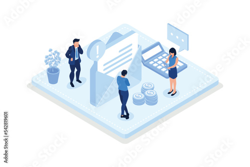 Characters having financial problems, debts and loans. People holding long bill, reading letter from collection agency and carrying debt, isometric vector modern illustration