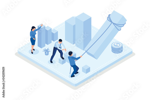 Characters having financial problems, debts and loans. People holding long bill, reading letter from collection agency and carrying debt, isometric vector modern illustration