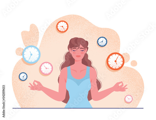 Effective time management. Organization of workflow and setting deadlines. Young woman meditating next to clock icons. Hard working employee or entrepreneur. Cartoon flat vector illustration