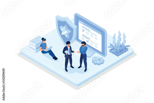 Characters safety paying with credit card online on smartphone, laptop and contactless on terminal. Electronic money security concept, isometric vector modern illustration