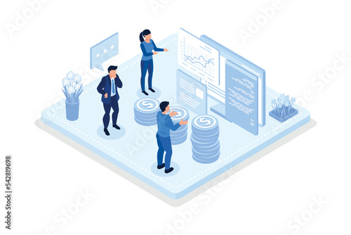 Characters analyzing stock market data and planning investment strategy. People examining financial graphs, charts and diagrams. Stock trading concept, isometric vector modern illustration