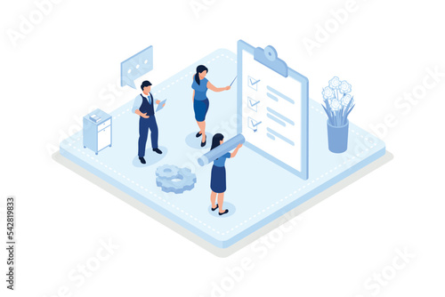 Various Online Survey and Rating Icons. Characters Filling Survey Form, putting Check Marks on Checklist and giving Five Star Feedback. User Experiences Concept, isometric vector modern illustration