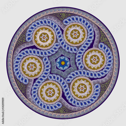 Byzantine mosaic floor. Decorative antique old ceramic tile pattern. Arabesque ornament for interior decoration, design, fabric, wallpaper. Ancient mandala with ethnic motifs. Vector illustration.