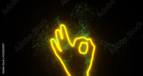 The hand shows the OK sign. Yellow neon bright glowing hand outline, green particles fly around black space, vfx 3d render. Concept of consent, everything is fine, excellent, doing great.
