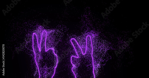 Neon glowing silhouette of two hands, show victory sign. Bright dots swirl around on a black background. Concept of winners, good luck, place for text.