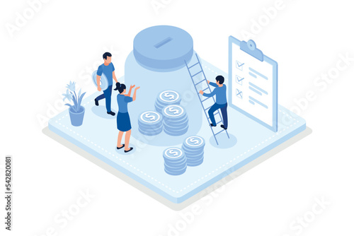 People managing personal finance. Money savings and deposit growth concept, isometric vector modern illustration