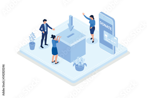 Volunteers putting coins in donation box and donating with credit card online. Financial support and fundraising concept, isometric vector modern illustration