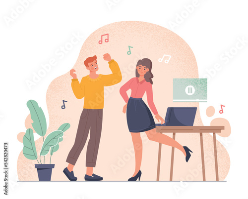 Home dance class. Man and woman next to laptop. Poster or banner for website. Entertainment and learning, distance education. Young guy and girl at party, disco. Cartoon flat vector illustration