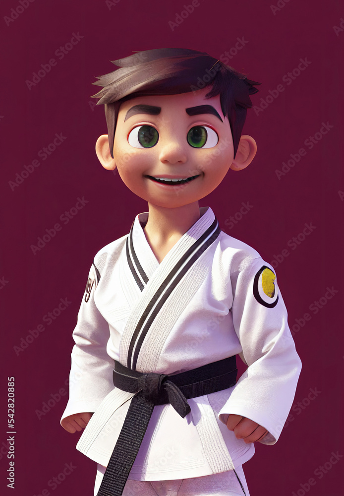 smiling excited boy in karate or martial arts outfit, digital painting in  3D cartoon movies style Stock 일러스트레이션 | Adobe Stock