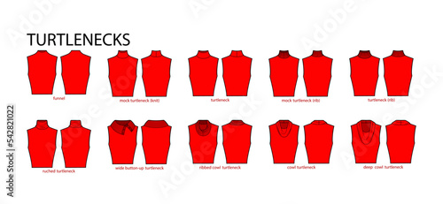 Set of necklines turtlenecks clothes sweaters, tops ribbed, knit, funnel neck technical fashion illustration with fitted body. Flat apparel template front, back sides. Women, men unisex CAD mockup