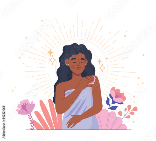 Self love concept. Woman in towel hugs herself. Positivity and potimism. Psychology and mental health. Aesthetics, elegance and beauty. Young girl with flowers. Cartoon flat vector illustration