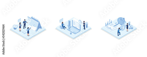 Character consulting with financial advisor, preparing and sending online tax declaration, getting tax return. Taxation concept, set isometric vector illustration