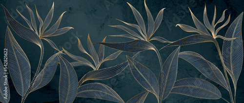 Abstract dark art background with paradise flowers in gold line art style. Botanical banner with tropical plants for decoration, print, wallpaper, textile, interior design.