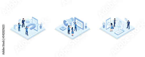 Characters integrating with audience on social media platform and using marketing strategy to increase followers, set isometric vector illustration