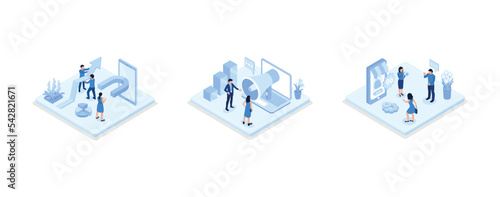 Characters integrating with audience on social media platform, offering discount and using marketing strategy to increase followers, set isometric vector illustration