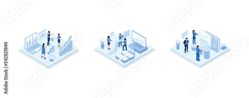 Characters analyzing stock market data and planning investment strategy. People examining financial graphs, charts and diagrams. Stock trading concept, set isometric vector illustration