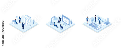 Characters filling survey form, giving positive feedback and filing checklist on smartphone and computer. User experiences concept, set isometric vector illustration