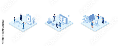 Characters searching and choosing apartment or house for renting or buying. Property market concept, set isometric vector illustration