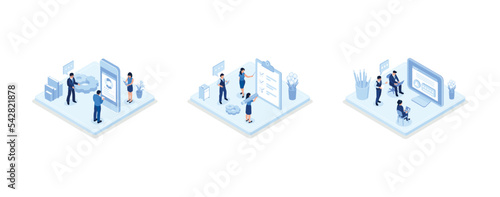 Various Online Survey and Rating Icons. Characters Filling Survey Form, putting Check Marks on Checklist and giving Five Star Feedback. User Experiences Concept, set isometric vector illustration