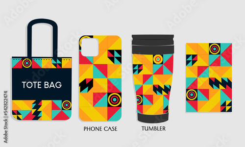 phone case mockup design, tote bag, tumbler with abstract bauhaus pattern. design for branding, product advertising, shopping