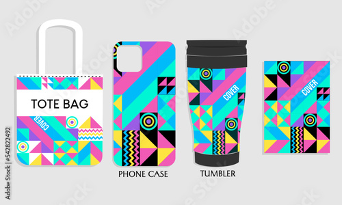 phone case mockup design, tote bag, tumbler with abstract bauhaus pattern. design for branding, product advertising, shopping