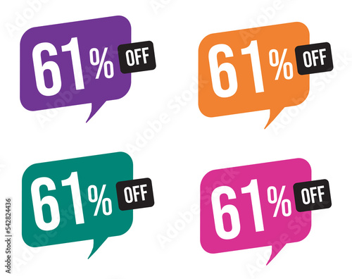 61 percent discount. purple, orange, green and pink balloons for promotions and offers. Vector Illustration on white background.