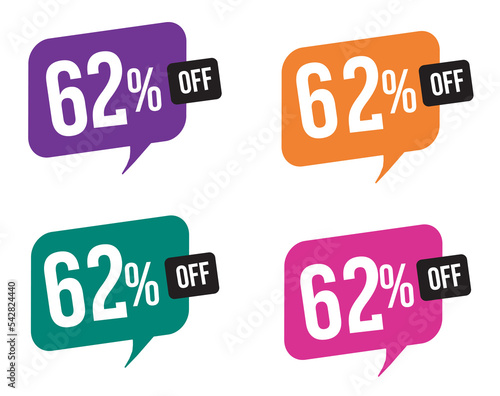 62 percent discount. purple, orange, green and pink balloons for promotions and offers. Vector Illustration on white background.