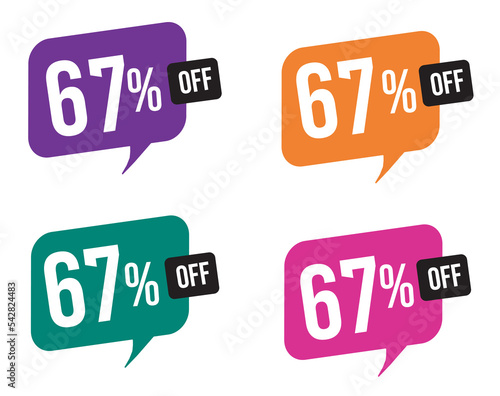 67 percent discount. purple, orange, green and pink balloons for promotions and offers. Vector Illustration on white background.