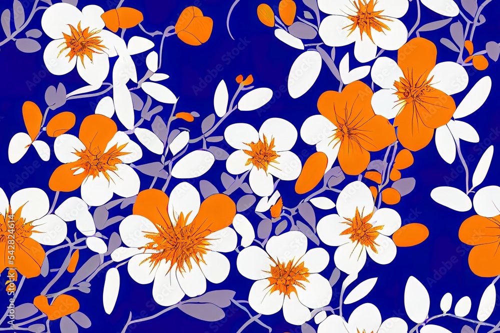 violet orange and mustered 2d illustrated flowers bunches with grey leaves pattern on blue background violet orange and mustered 2d illustrated flowers bunches with grey leaves pattern on blue background